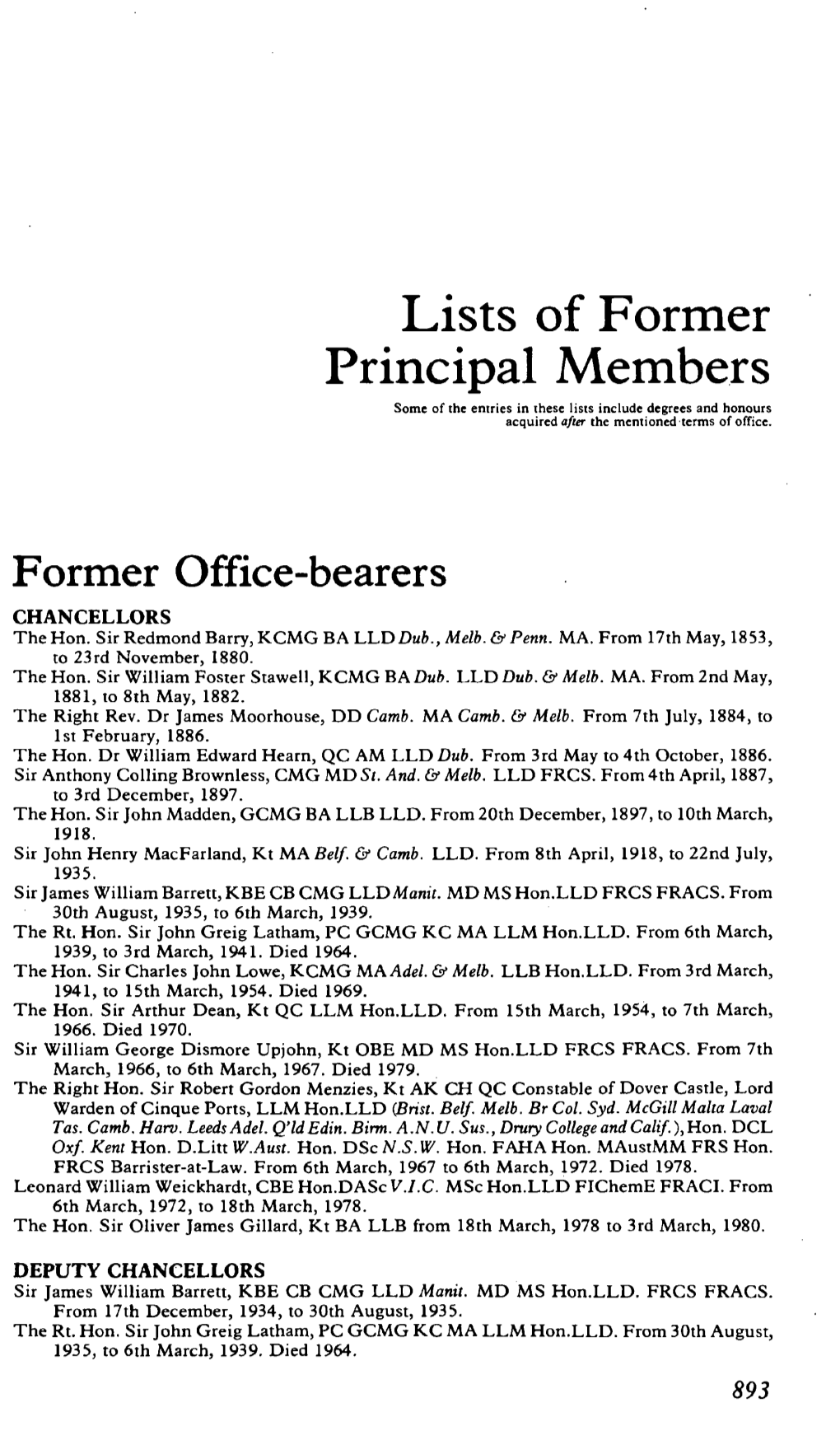 Lists of Former Principal Members Some of the Entries in These Lists Include Degrees and Honours Acquired After the Mentioned Terms of Office