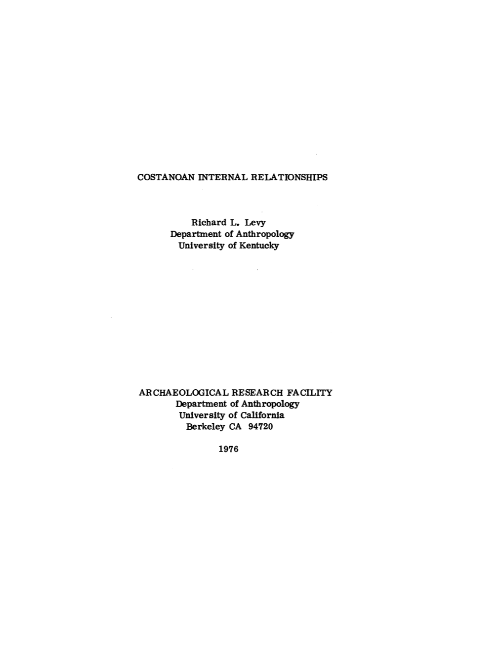 Department of Anthropology University of California Berkeley CA 94720 1976 TABLE of CONTENTS