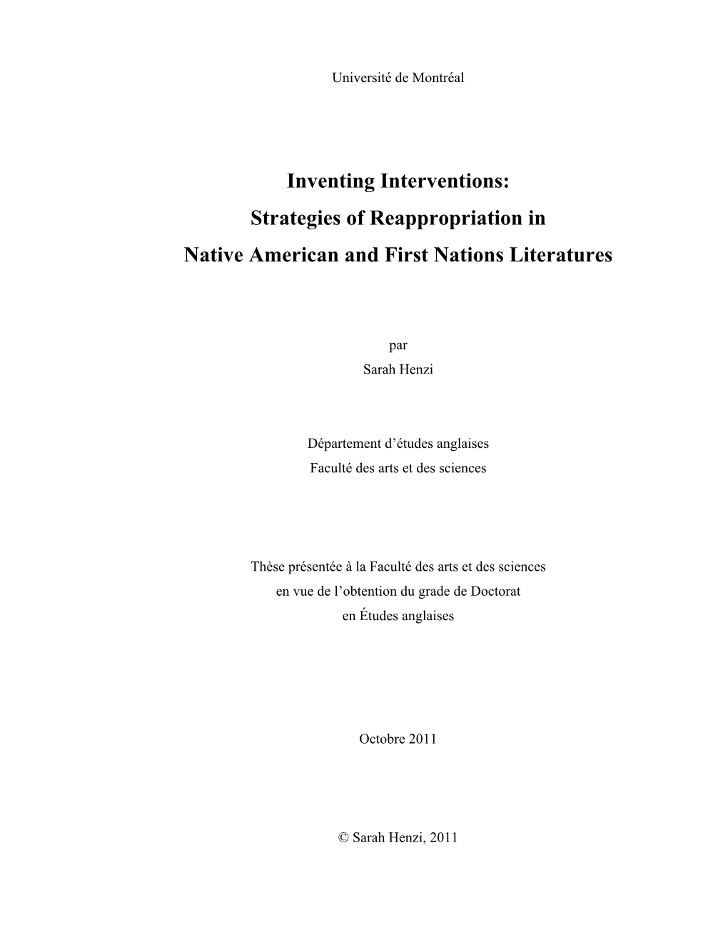 Inventing Interventions: Strategies of Reappropriation in Native American and First Nations Literatures
