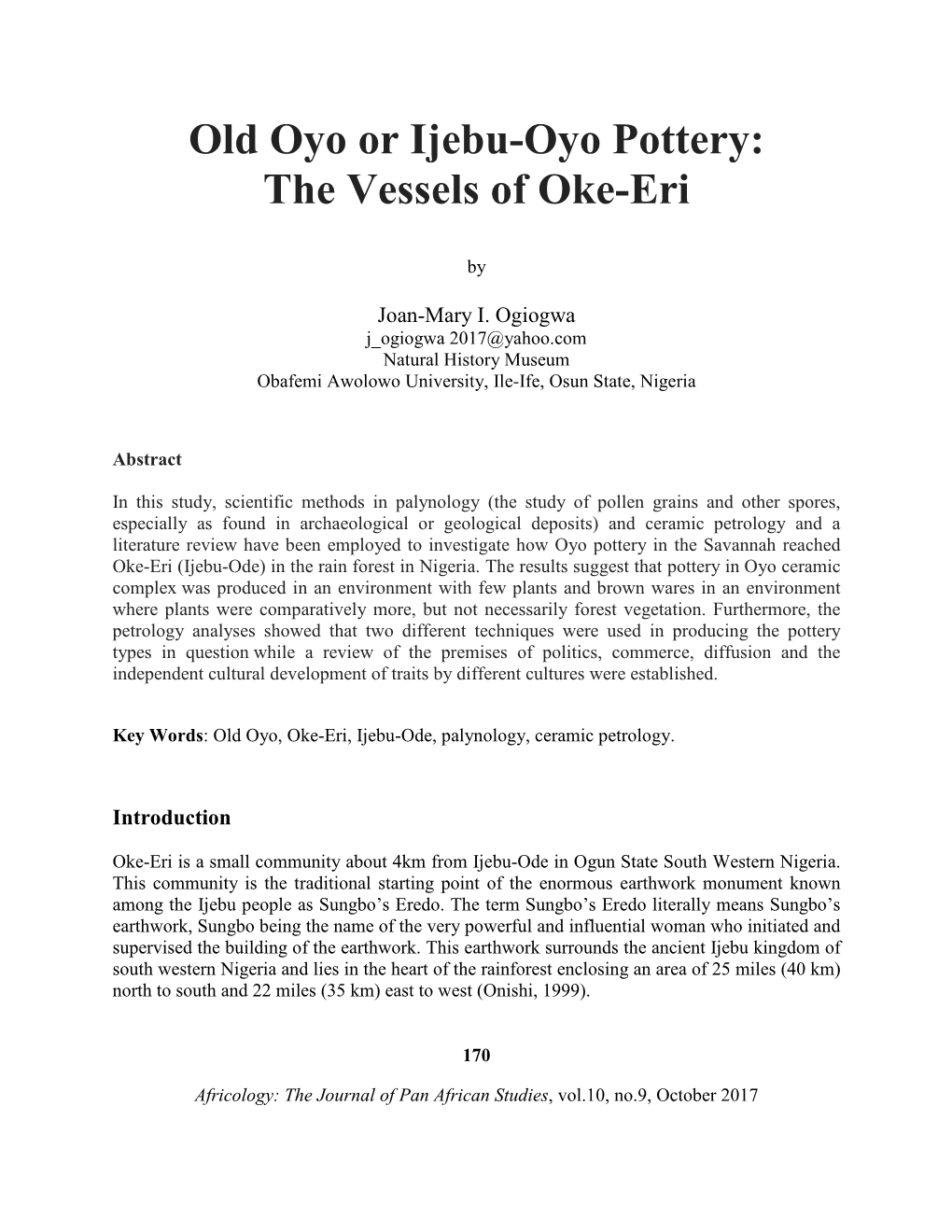 Old Oyo Or Ijebu-Oyo Pottery: the Vessels of Oke-Eri