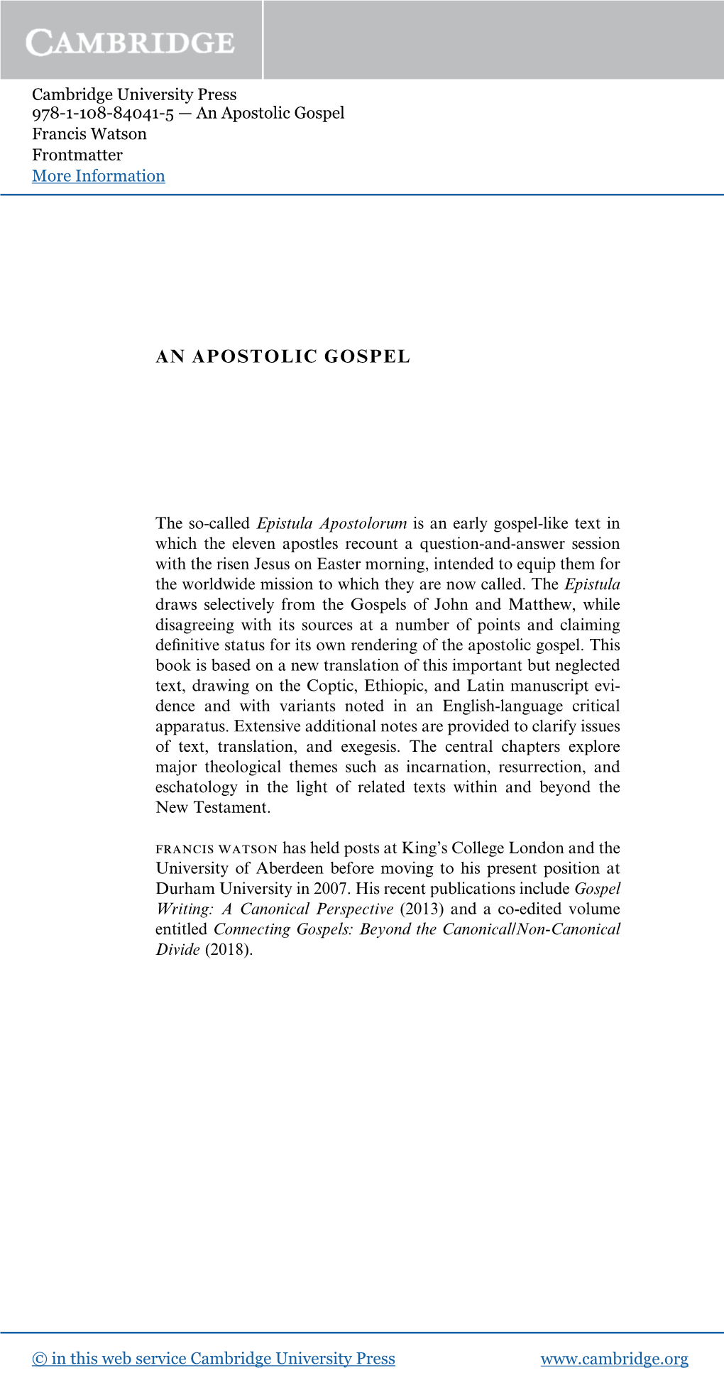 An Apostolic Gospel Francis Watson Frontmatter More Information