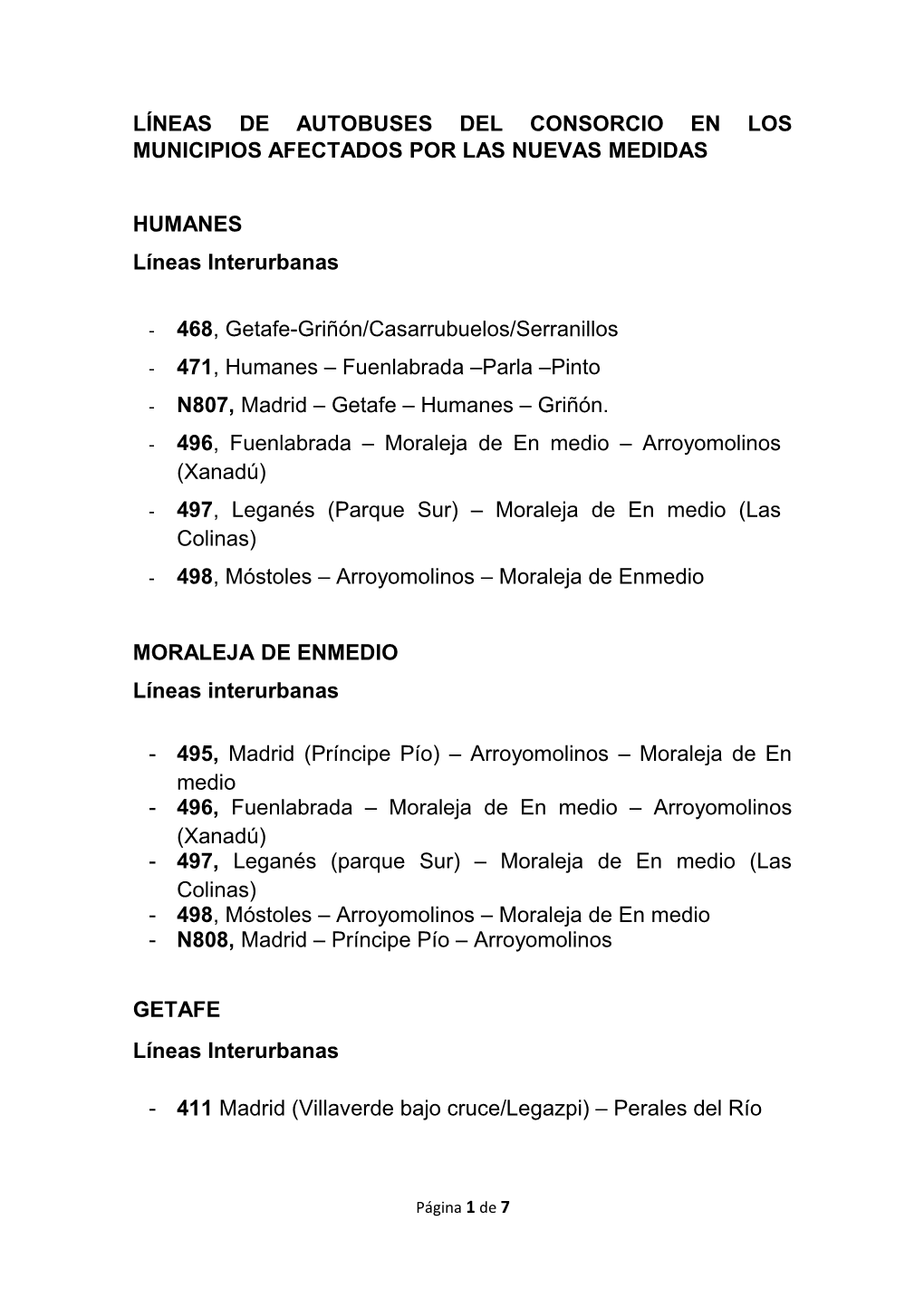 Líneas De Autobuses Del Consorcio En Los Municipios Afectados Por Las Nuevas Medidas