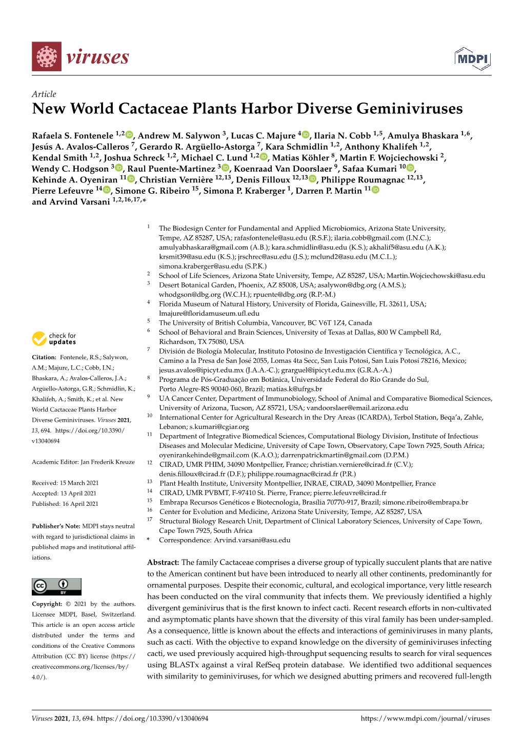 New World Cactaceae Plants Harbor Diverse Geminiviruses