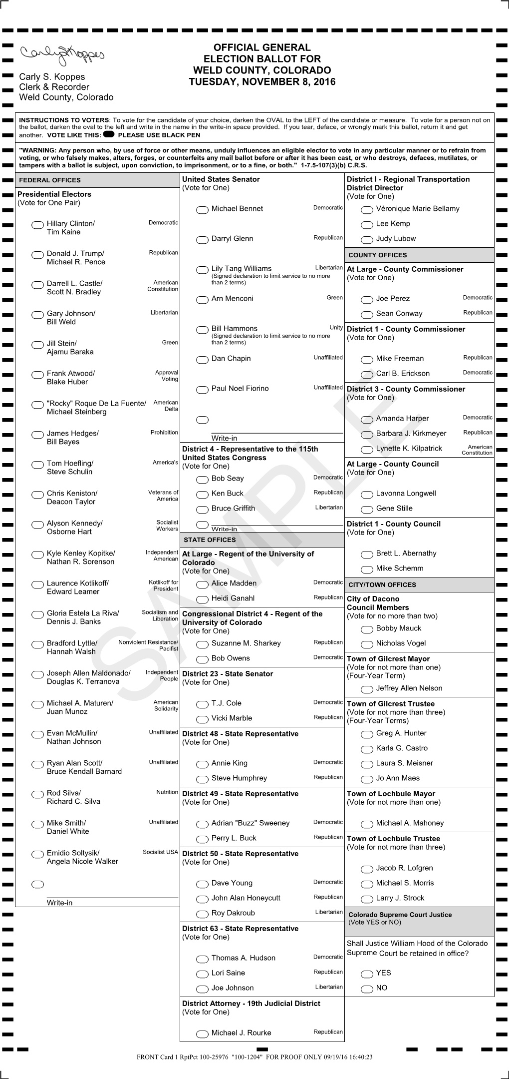 Official General Election Ballot for Weld County, Colorado Tuesday, November 8, 2016