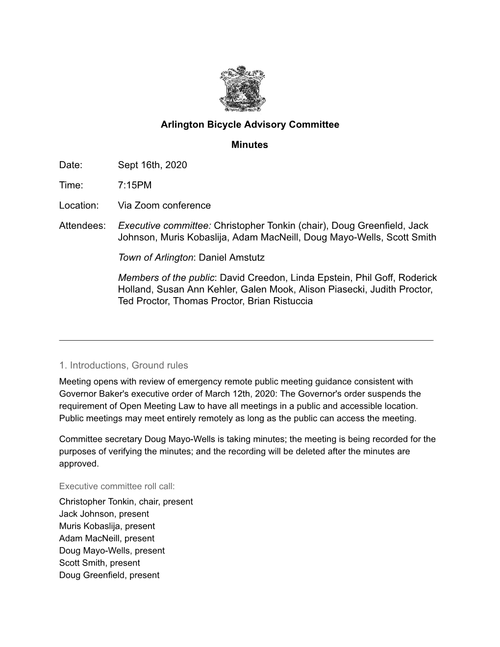 Arlington Bicycle Advisory Committee Minutes Date