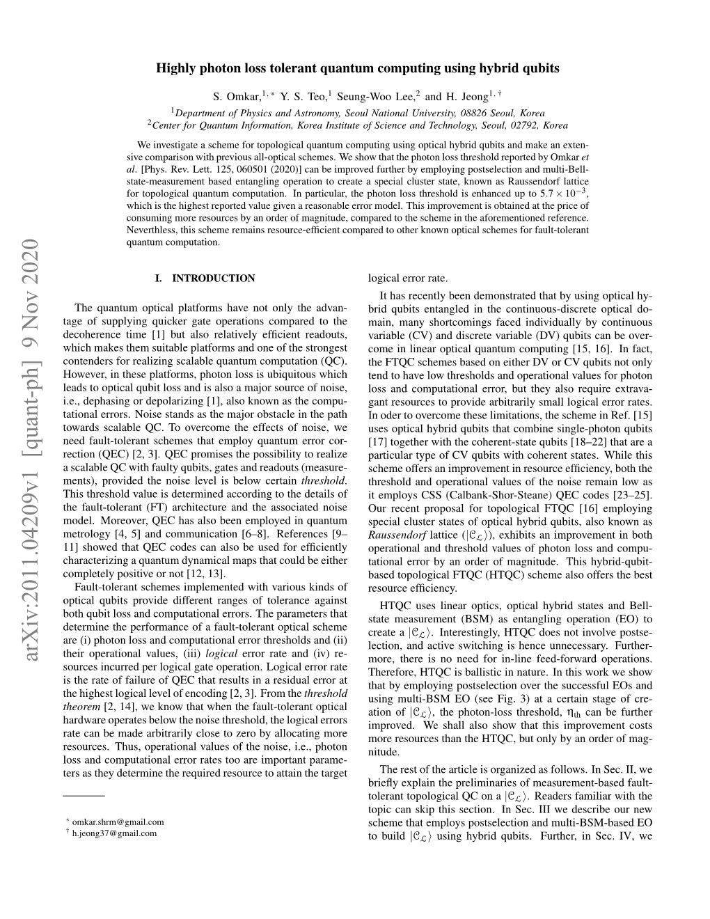 Arxiv:2011.04209V1 [Quant-Ph] 9 Nov 2020 More, There Is No Need for In-Line Feed-Forward Operations