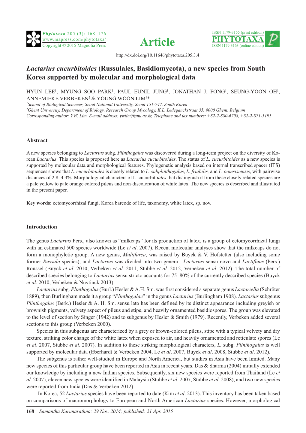 Lactarius Cucurbitoides (Russulales, Basidiomycota), a New Species from South Korea Supported by Molecular and Morphological Data