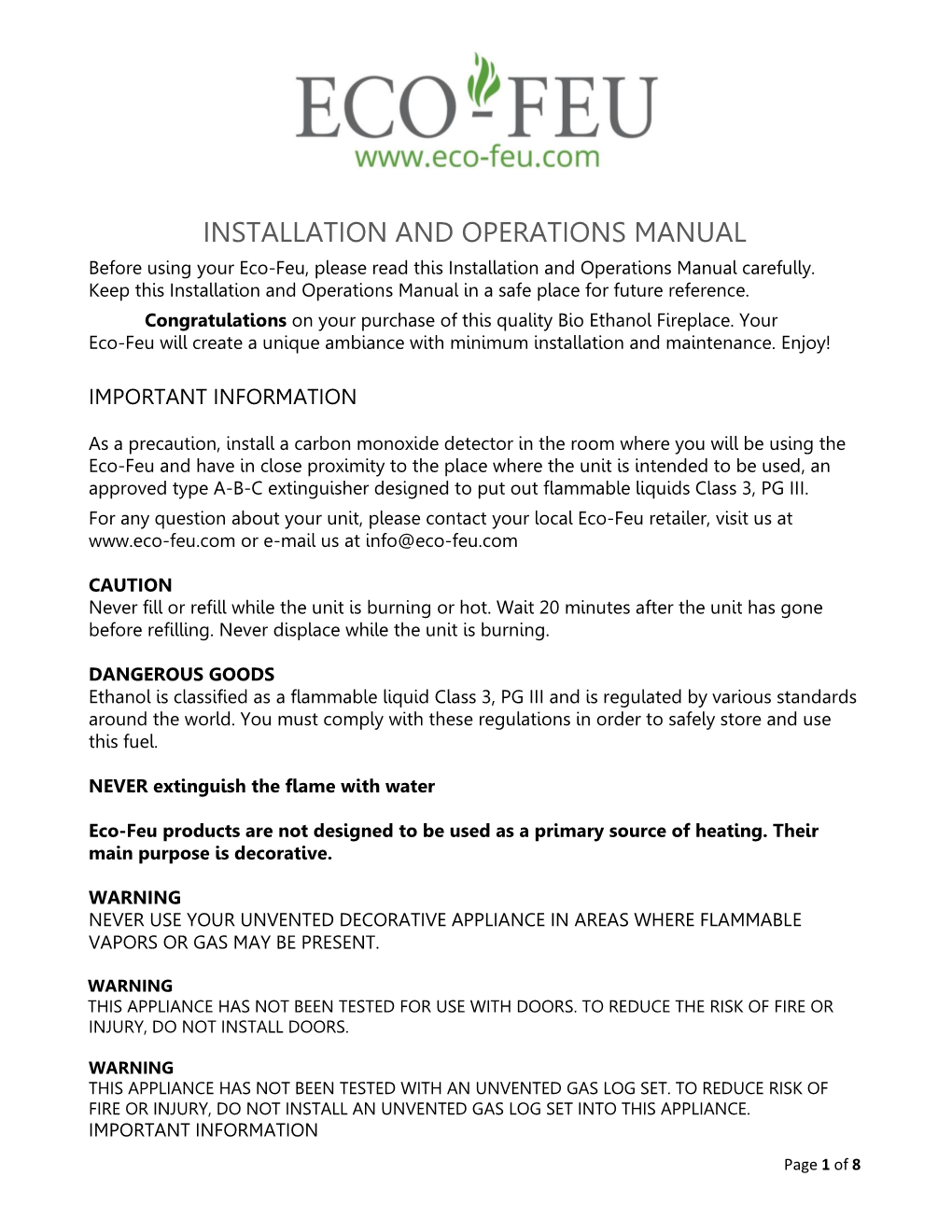 INSTALLATION and OPERATIONS MANUAL Before Using Your Eco-Feu, Please Read This Installation and Operations Manual Carefully