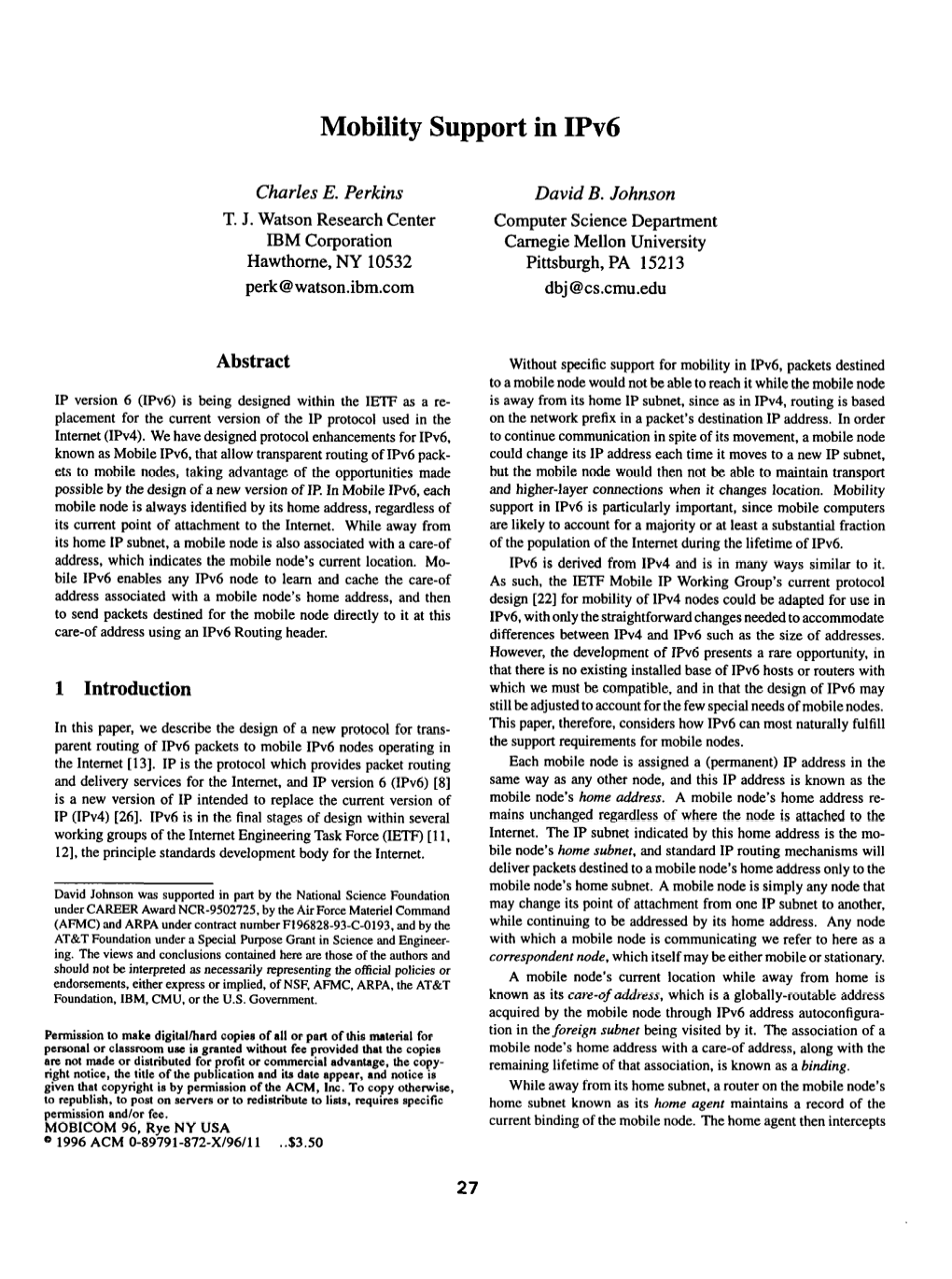 Mobility Support in Ipv6