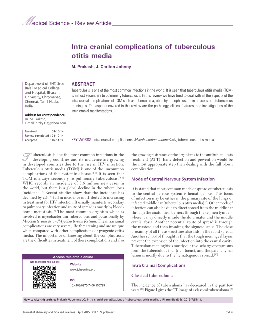 Intra Cranial Complications of Tuberculous Otitis Media