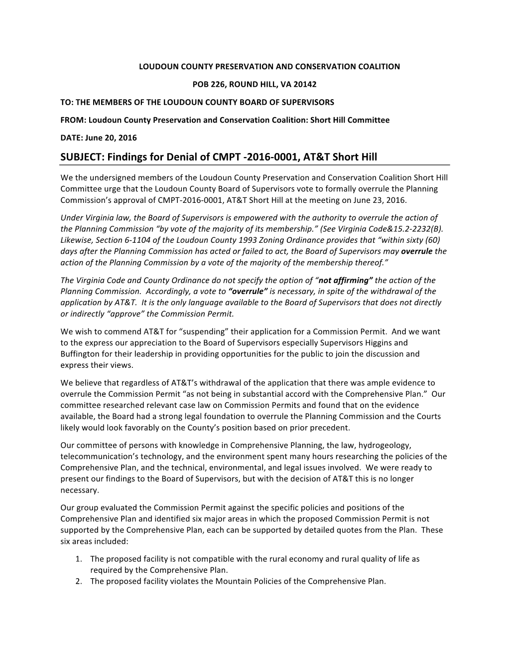 Findings for Denial of CMPT -2016-0001, AT&T