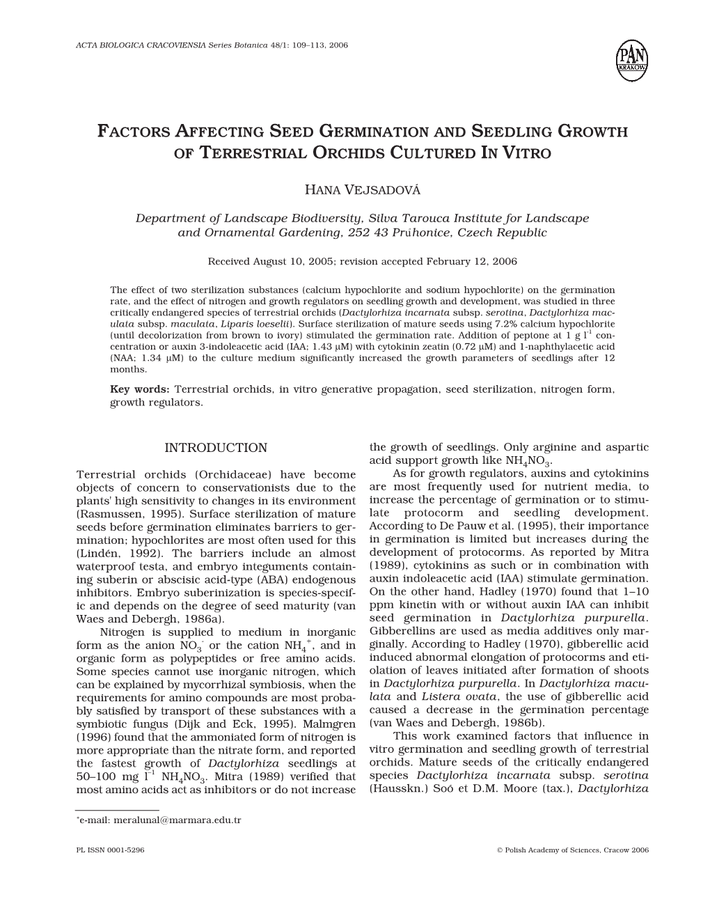 Factors Affecting Seed Germination and Seedling Growth of Terrestrial Orchids Cultured in Vitro