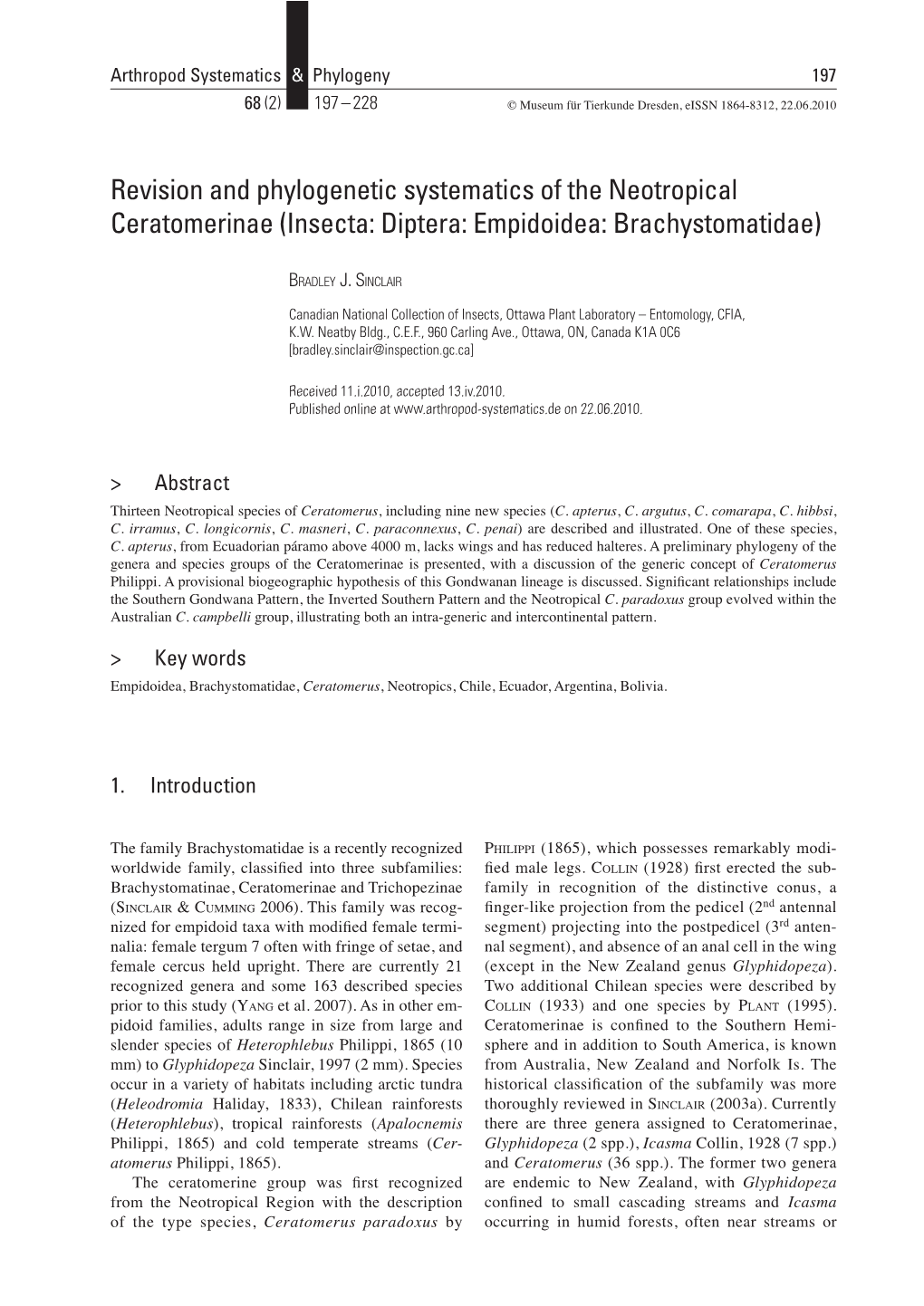 Revision and Phylogenetic Systematics of the Neotropical Ceratomerinae (Insecta: Diptera: Empidoidea: Brachystomatidae)