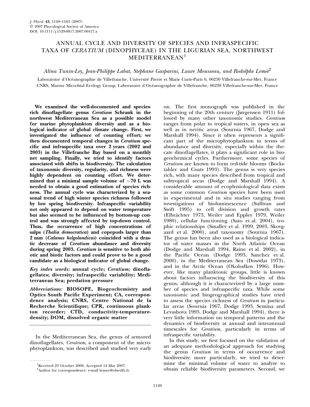 Annual Cycle and Diversity of Species and Infraspecific Taxa of Ceratium (Dinophyceae) in the Ligurian Sea, Northwest Mediterranean1