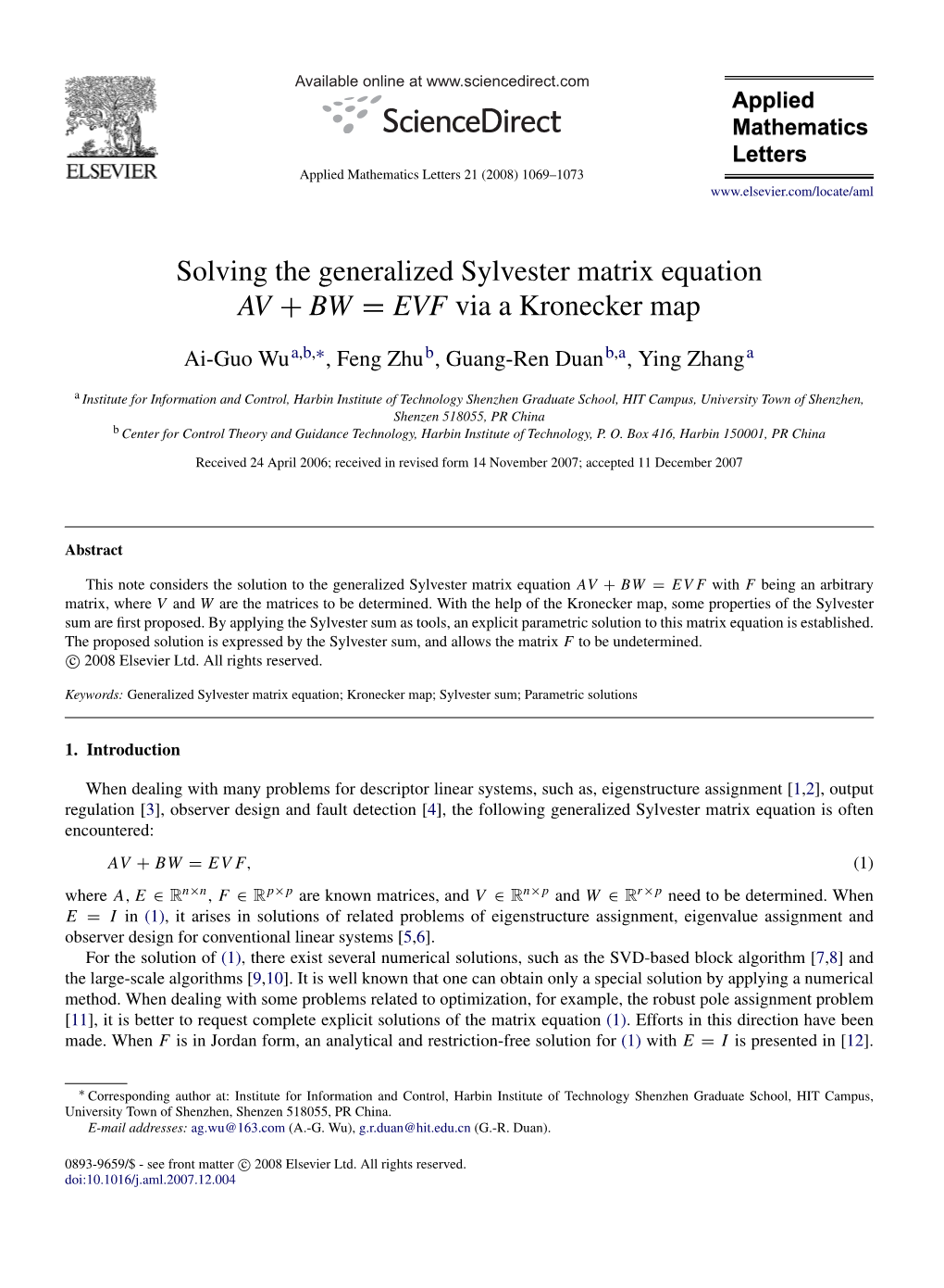 Solving the Generalized Sylvester Matrix Equation AV + BW = EVF Via a Kronecker Map