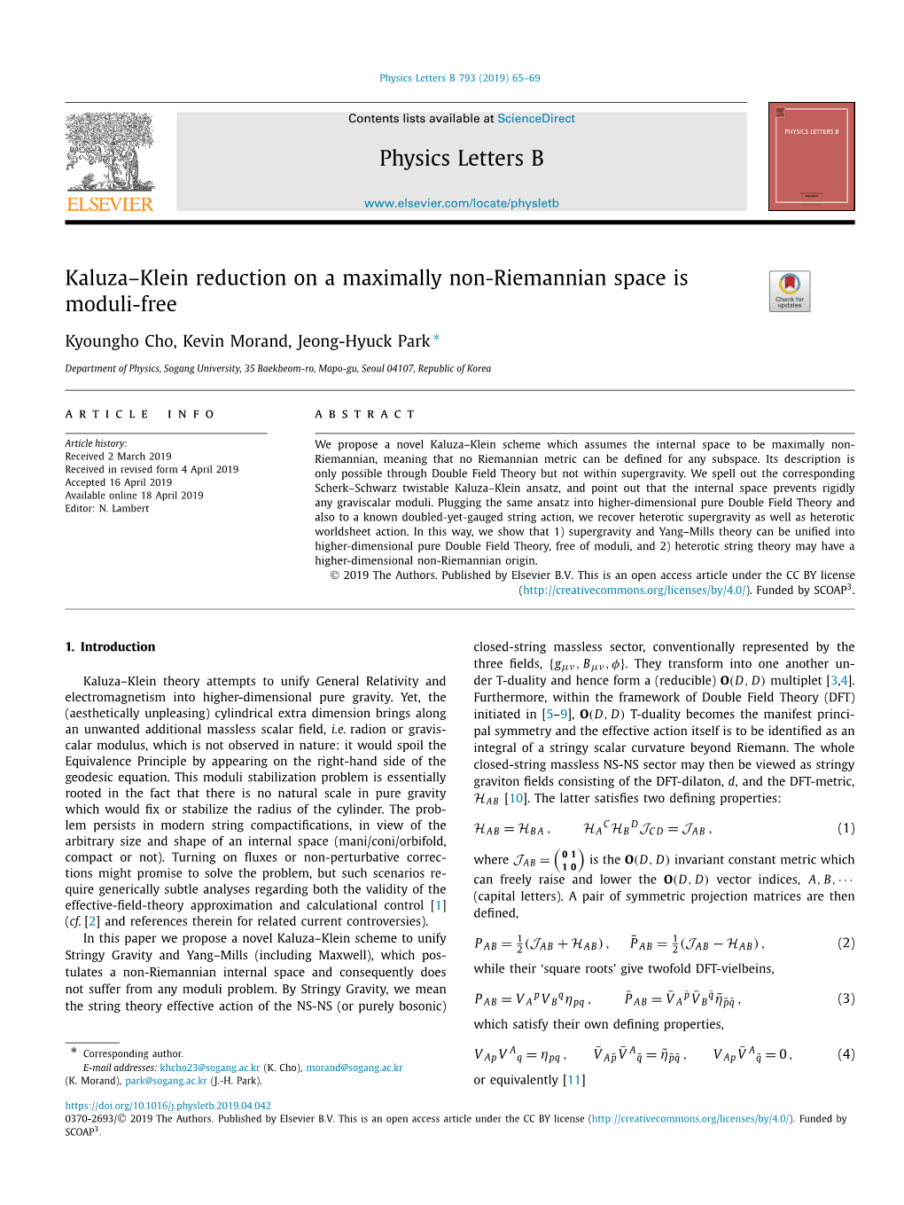 Kaluza–Klein Reduction on a Maximally Non-Riemannian Space Is Moduli-Free ∗ Kyoungho Cho, Kevin Morand, Jeong-Hyuck Park