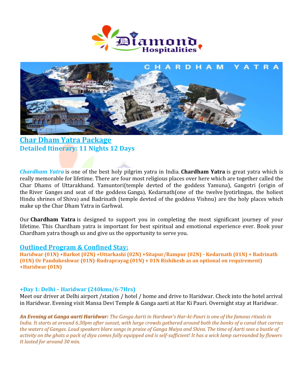 Char Dham Yatra Package Detailed Itinerary: 11 Nights 12 Days