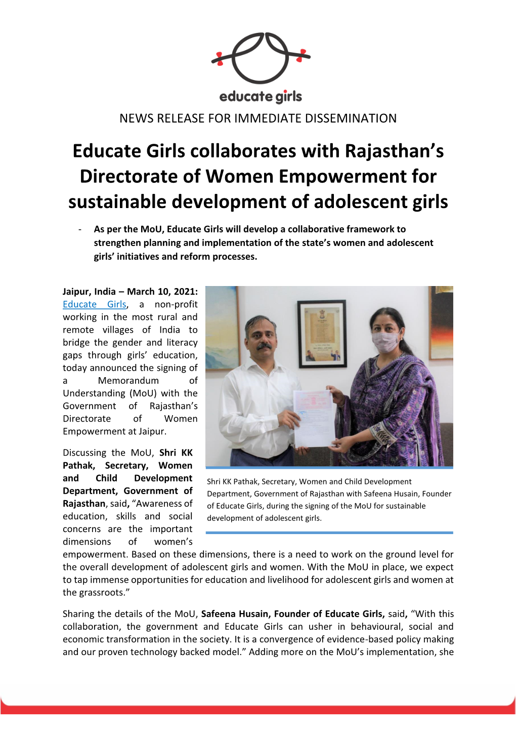 Educate Girls Signs Mou with Rajasthan WE