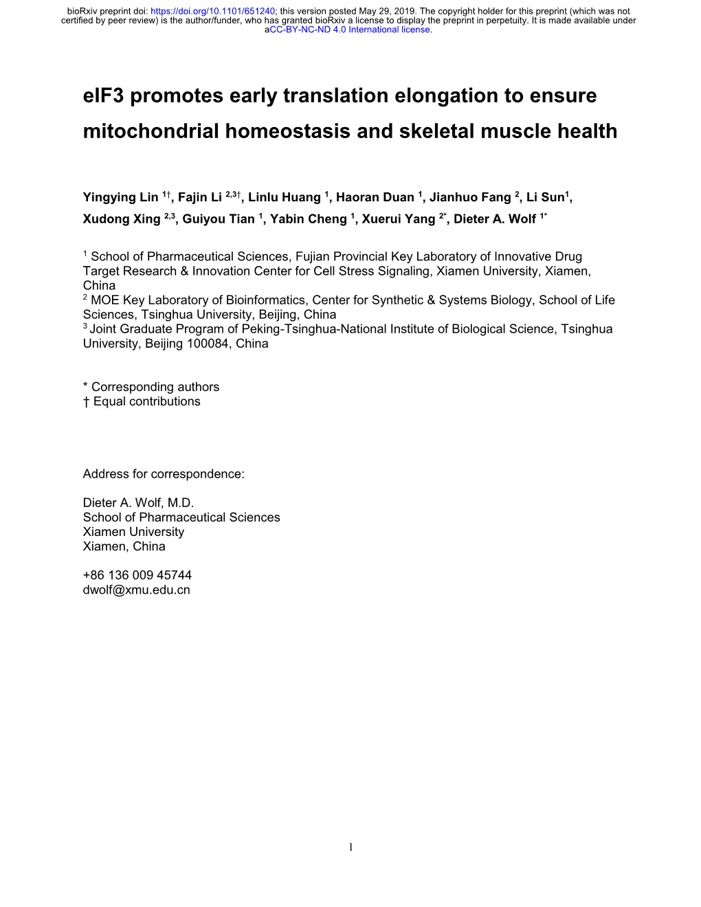 Eif3 Promotes Early Translation Elongation to Ensure Mitochondrial Homeostasis and Skeletal Muscle Health