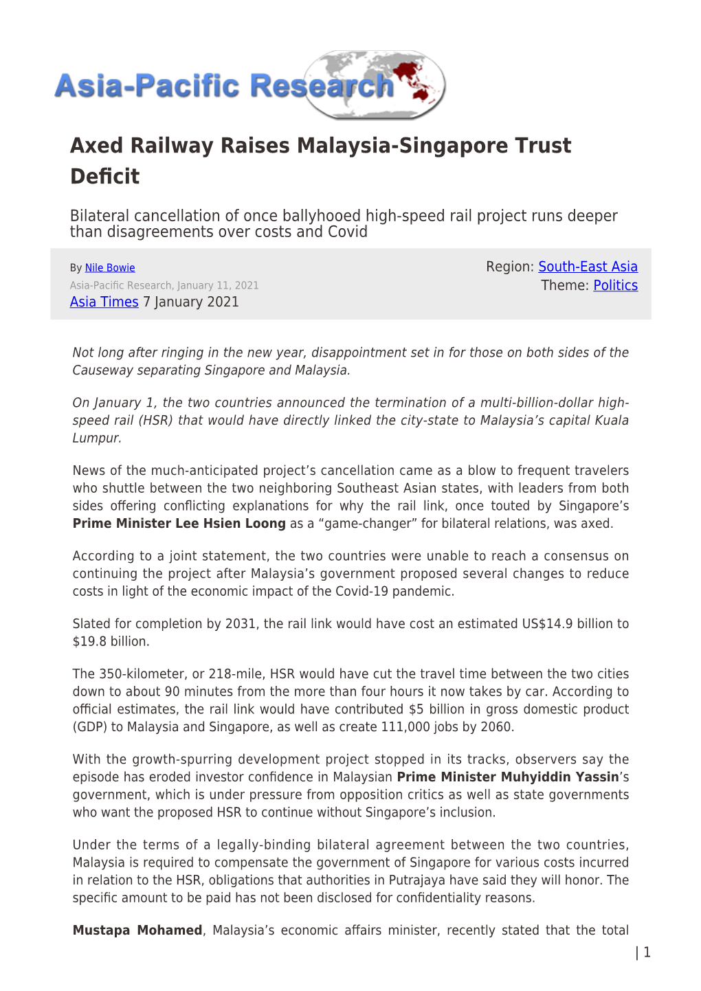 Axed Railway Raises Malaysia-Singapore Trust Deficit