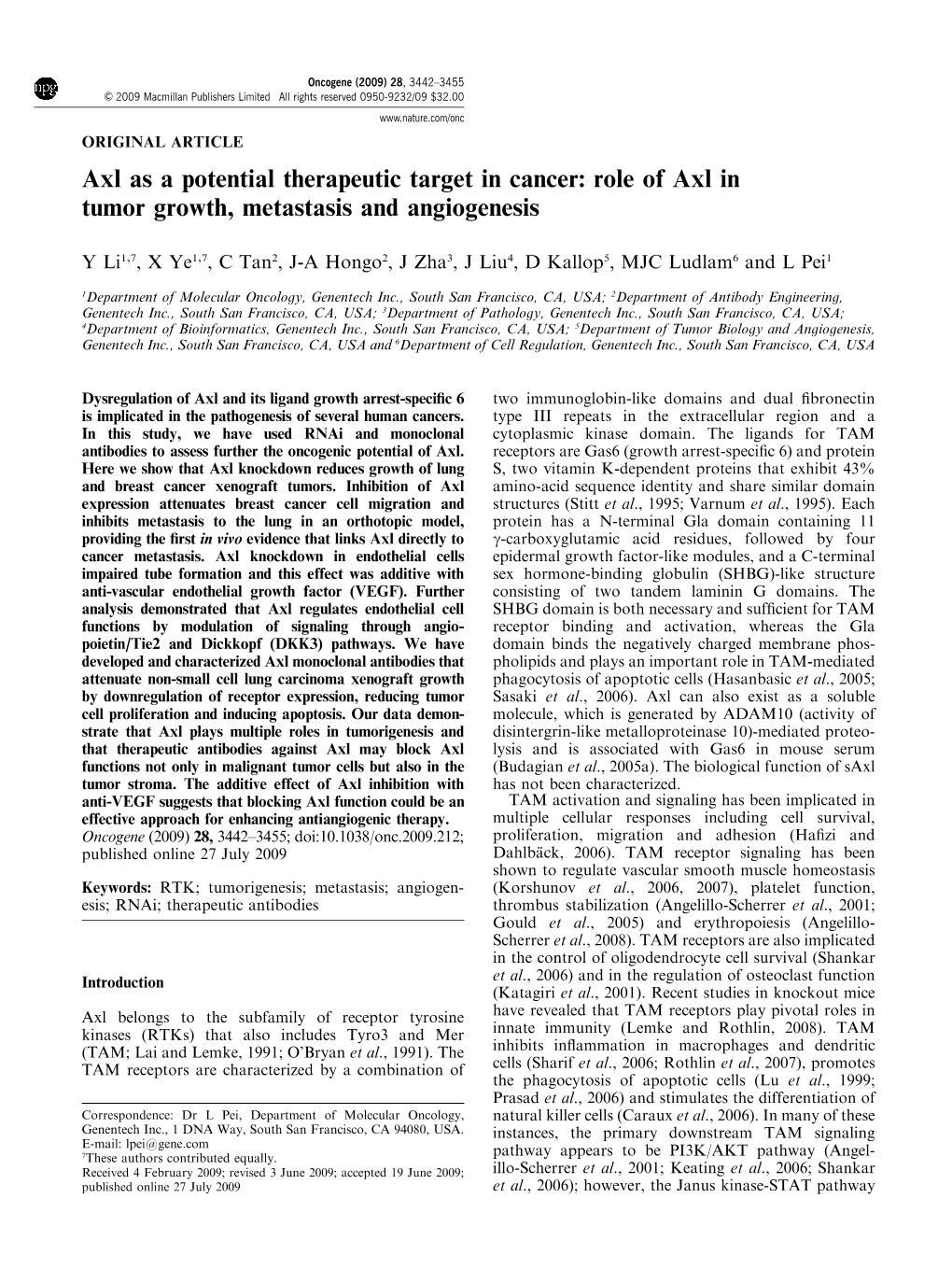 Role of Axl in Tumor Growth, Metastasis and Angiogenesis