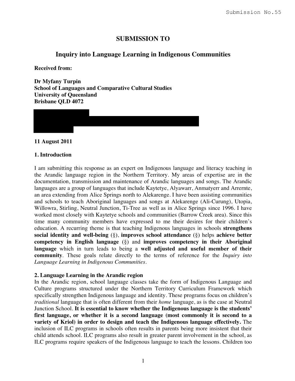 SUBMISSION to Inquiry Into Language Learning in Indigenous