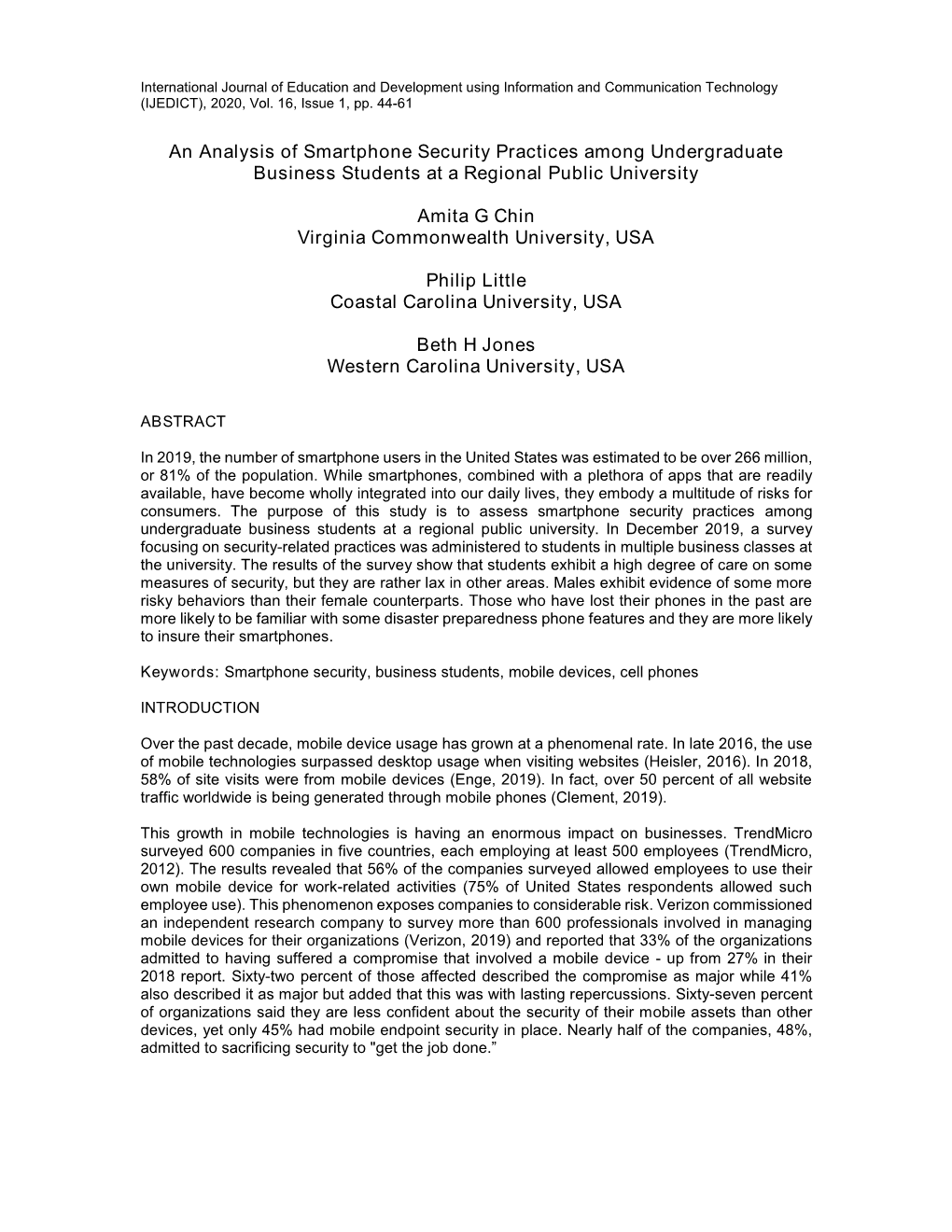 An Analysis of Smartphone Security Practices Among Undergraduate Business Students at a Regional Public University