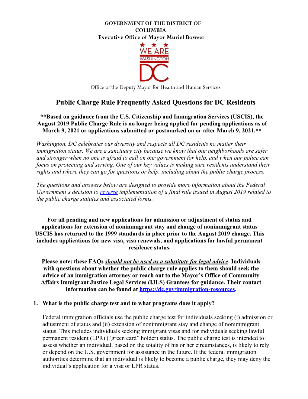 Public Charge Rule Frequently Asked Questions for DC Residents