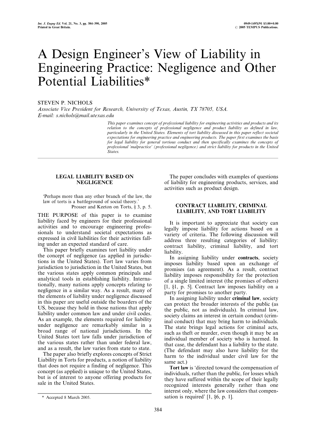 A Design Engineer's View of Liability in Engineering Practice: Negligence and Other Potential Liabilities*