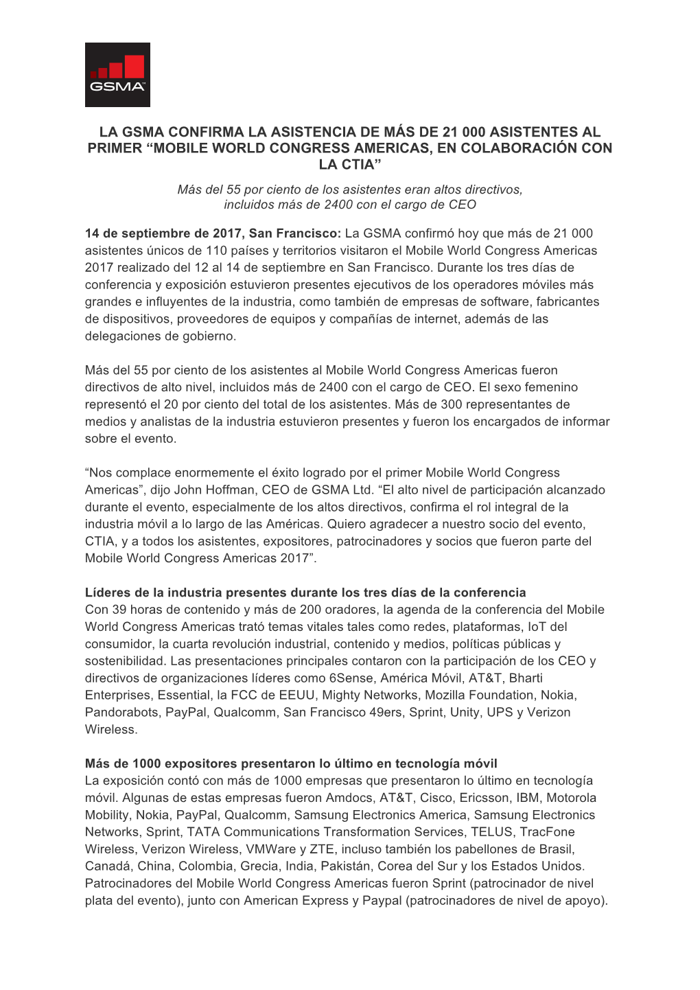 La Gsma Confirma La Asistencia De Más De 21 000 Asistentes Al Primer “Mobile World Congress Americas, En Colaboración Con La Ctia”