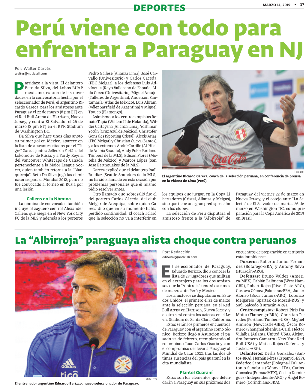 Perú Viene Con Todo Para Enfrentar a Paraguay En NJ