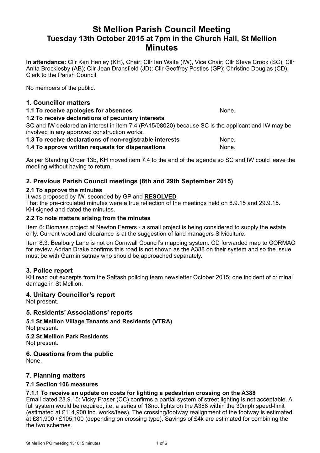 St Mellion PC Meeting 131015 Minutes DRAFT Ii.Pages