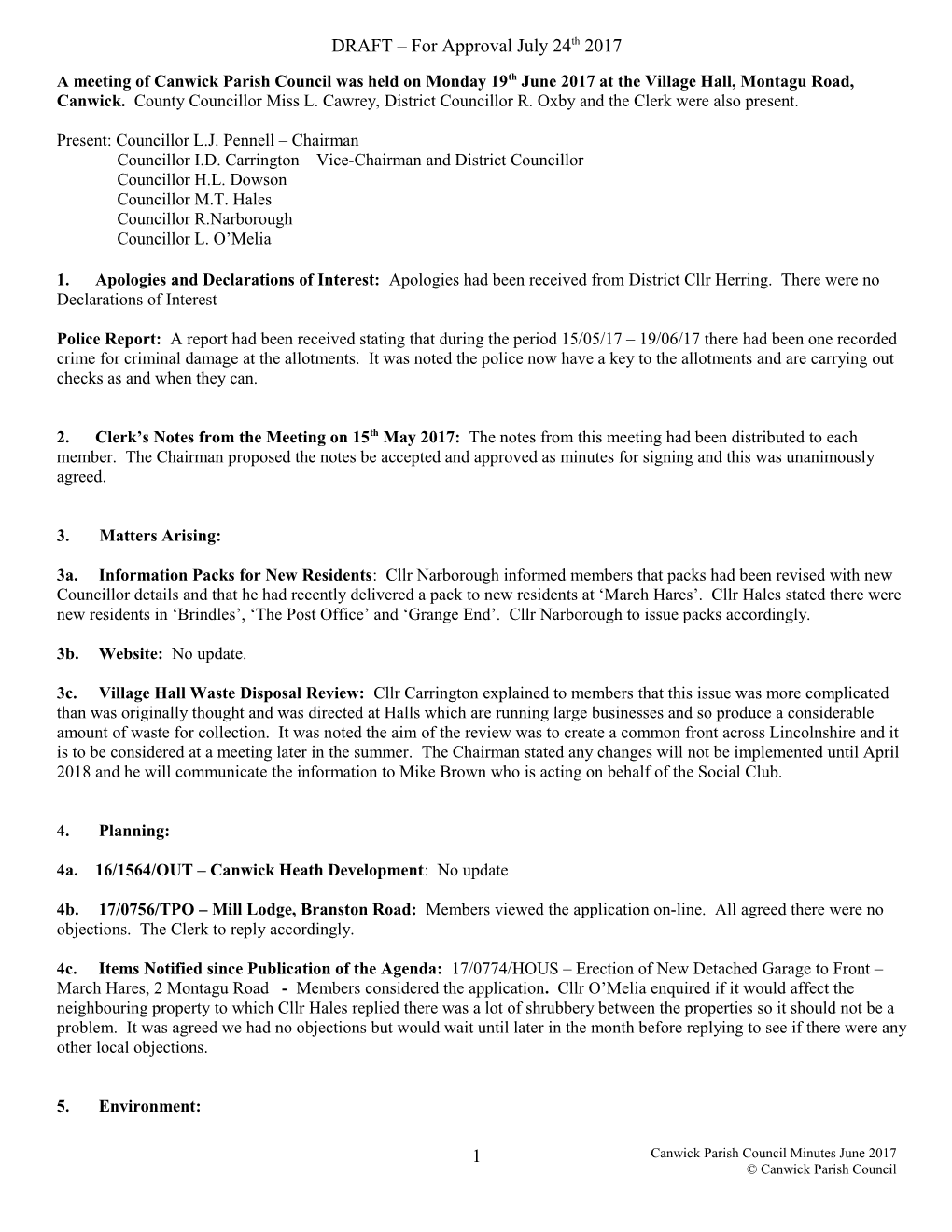 A Meeting of Canwick Parish Council Was Held on Monday 21St March 2011 at the Village Hall