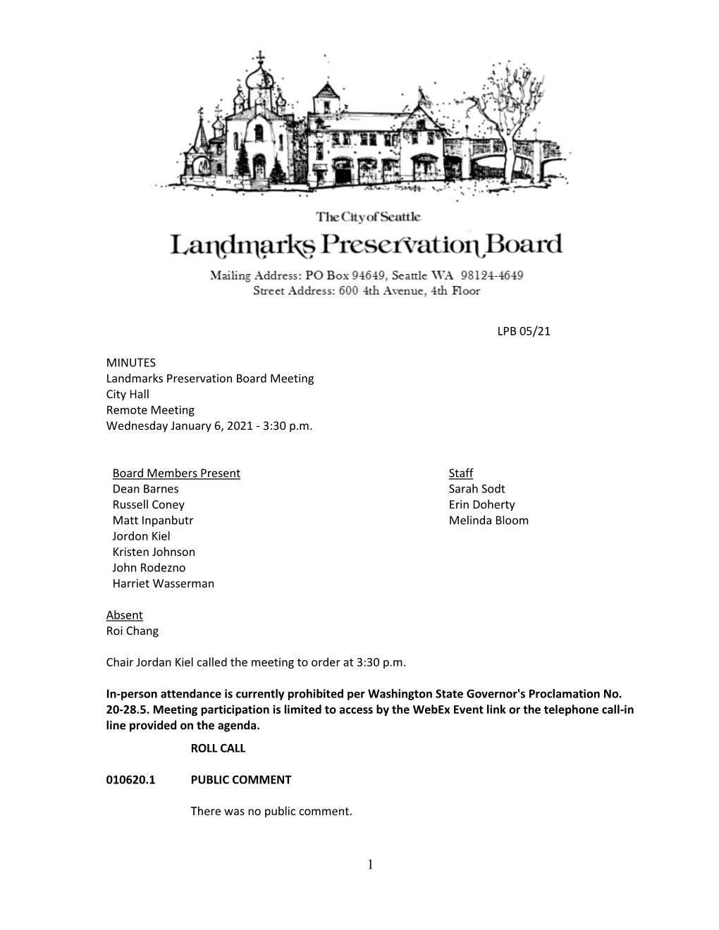 LPB 05/21 MINUTES Landmarks Preservation Board Meeting City Hall Remote Meeting Wednesday January 6, 2021