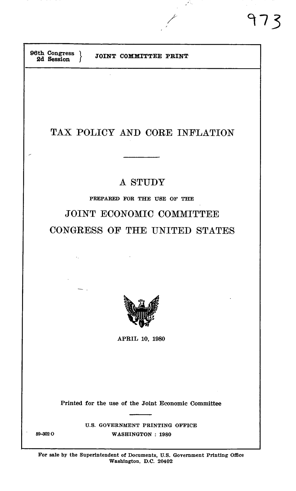 Tax Policy and Core Inflation a Study Joint Economic Committee Congress of the United States