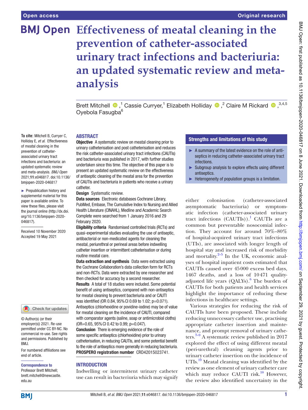 Effectiveness of Meatal Cleaning in the Prevention of Catheter- Associated Urinary Tract Infections and Bacteriuria: an Updated