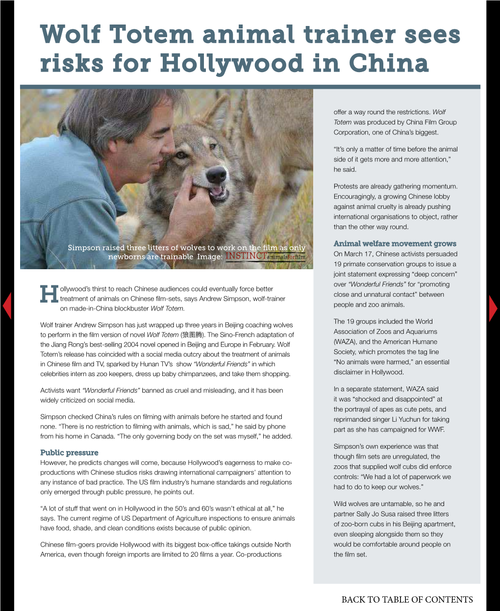 Wolf Totem Animal Trainer Sees Risks for Hollywood in China