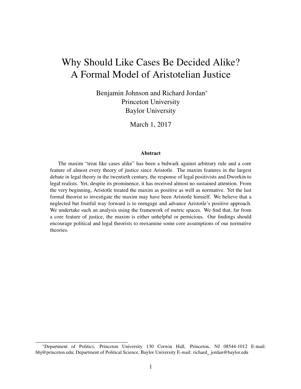 Why Should Like Cases Be Decided Alike? a Formal Model of Aristotelian Justice