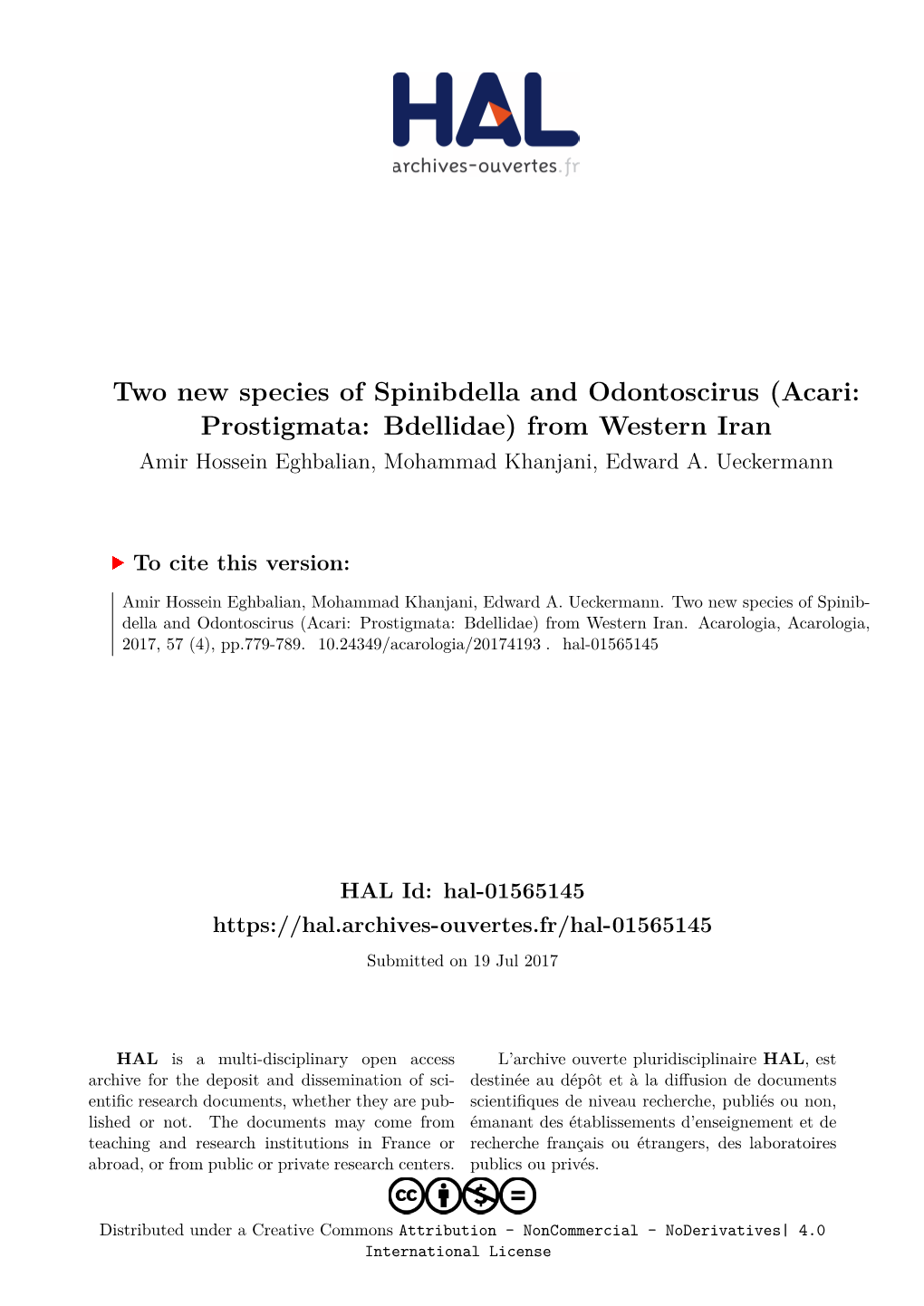 Acari: Prostigmata: Bdellidae) from Western Iran Amir Hossein Eghbalian, Mohammad Khanjani, Edward A