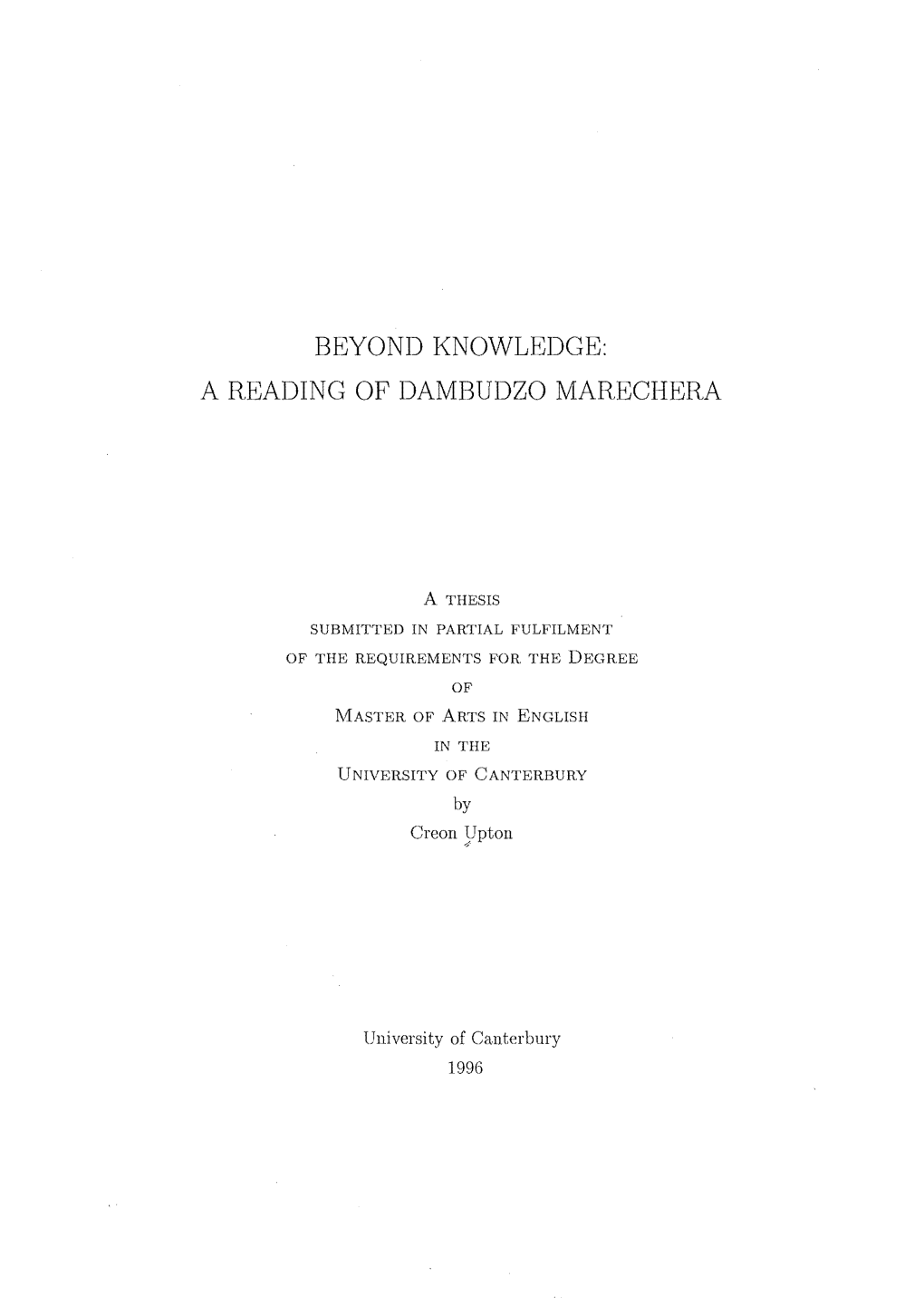 Beyond Knowledge : a Reading of Dambudzo Marechera