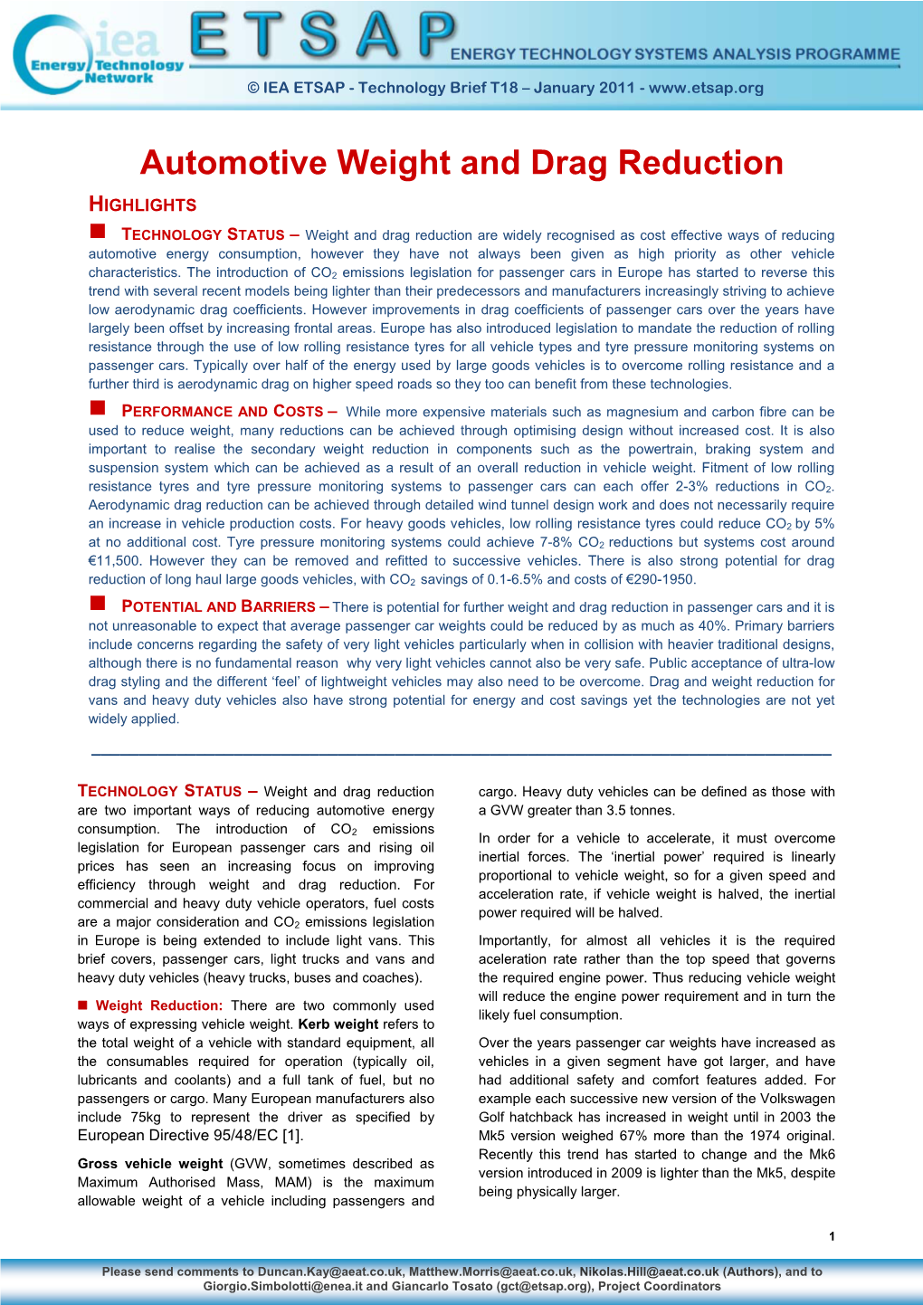 Automotive Weight and Drag Reduction