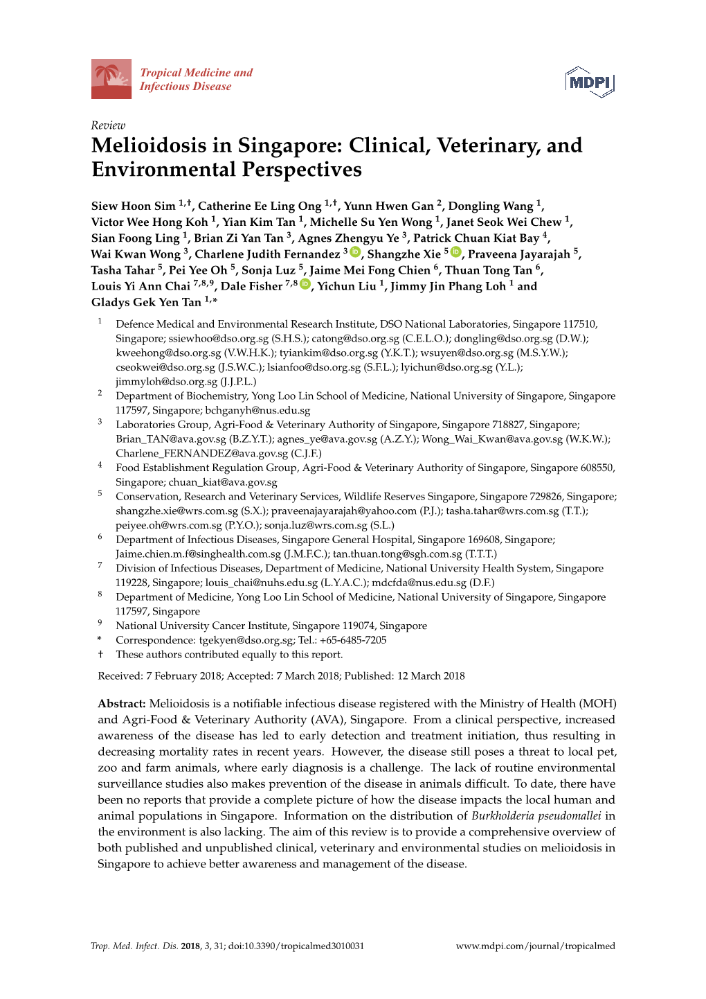 Melioidosis in Singapore: Clinical, Veterinary, and Environmental Perspectives