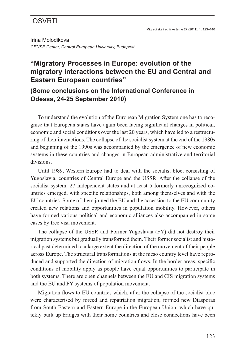 OSVRTI “Migratory Processes in Europe: Evolution of the Migratory Interactions Between the EU and Central and Eastern European