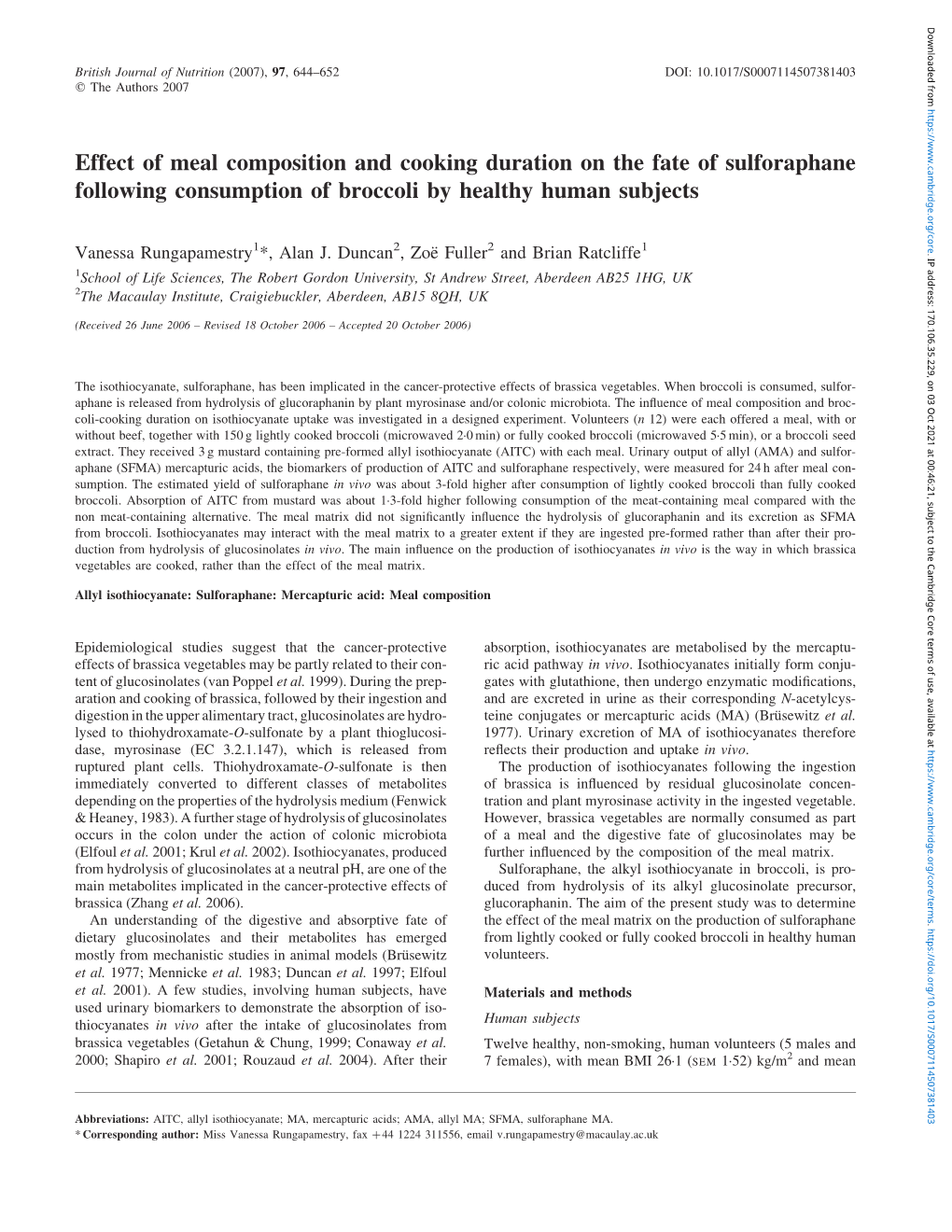 Effect of Meal Composition and Cooking Duration on the Fate of Sulforaphane Following Consumption of Broccoli by Healthy Human Subjects