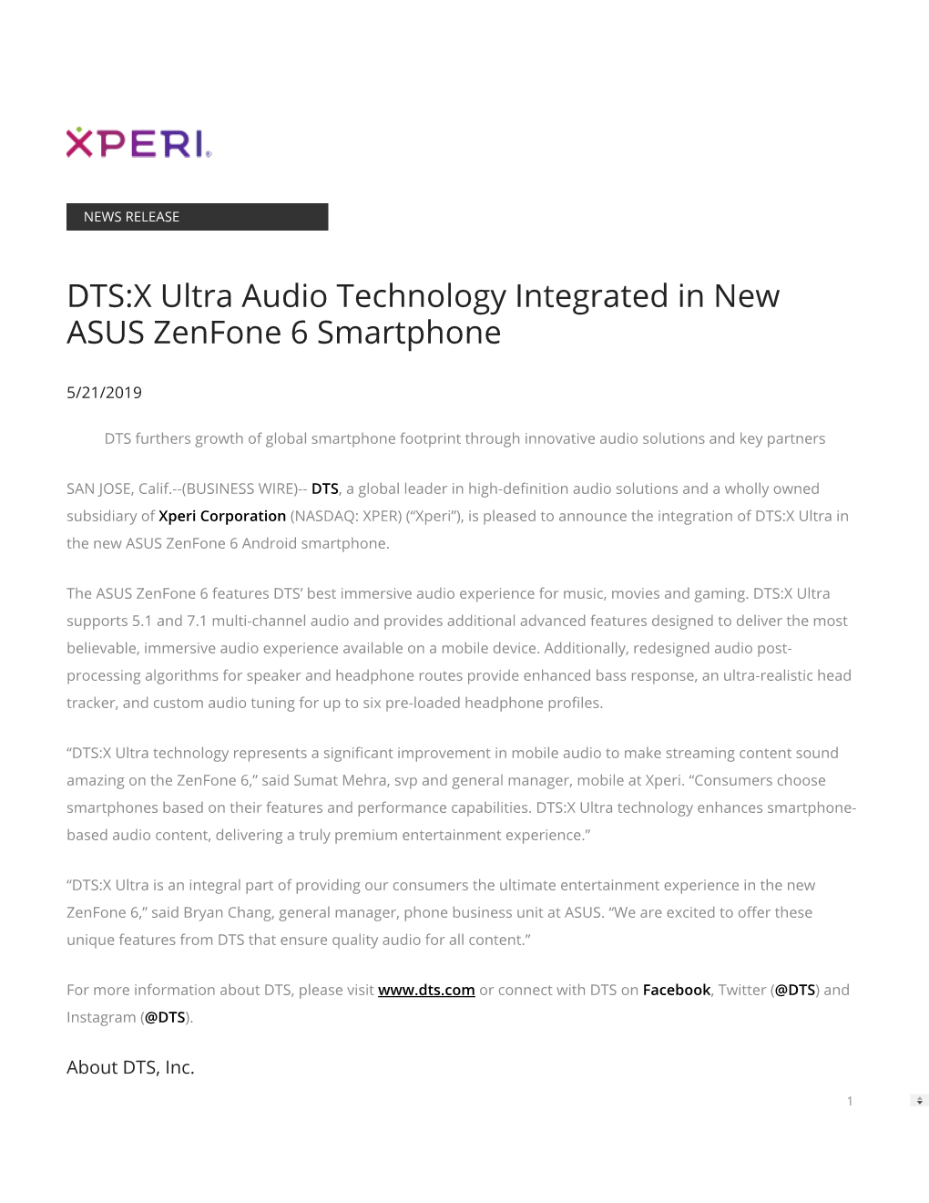 DTS:X Ultra Audio Technology Integrated in New ASUS Zenfone 6 Smartphone