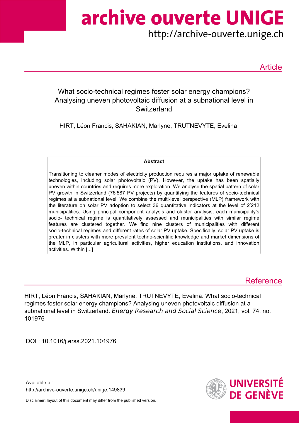 What Socio-Technical Regimes Foster Solar Energy Champions? Analysing Uneven Photovoltaic Diffusion at a Subnational Level in Switzerland