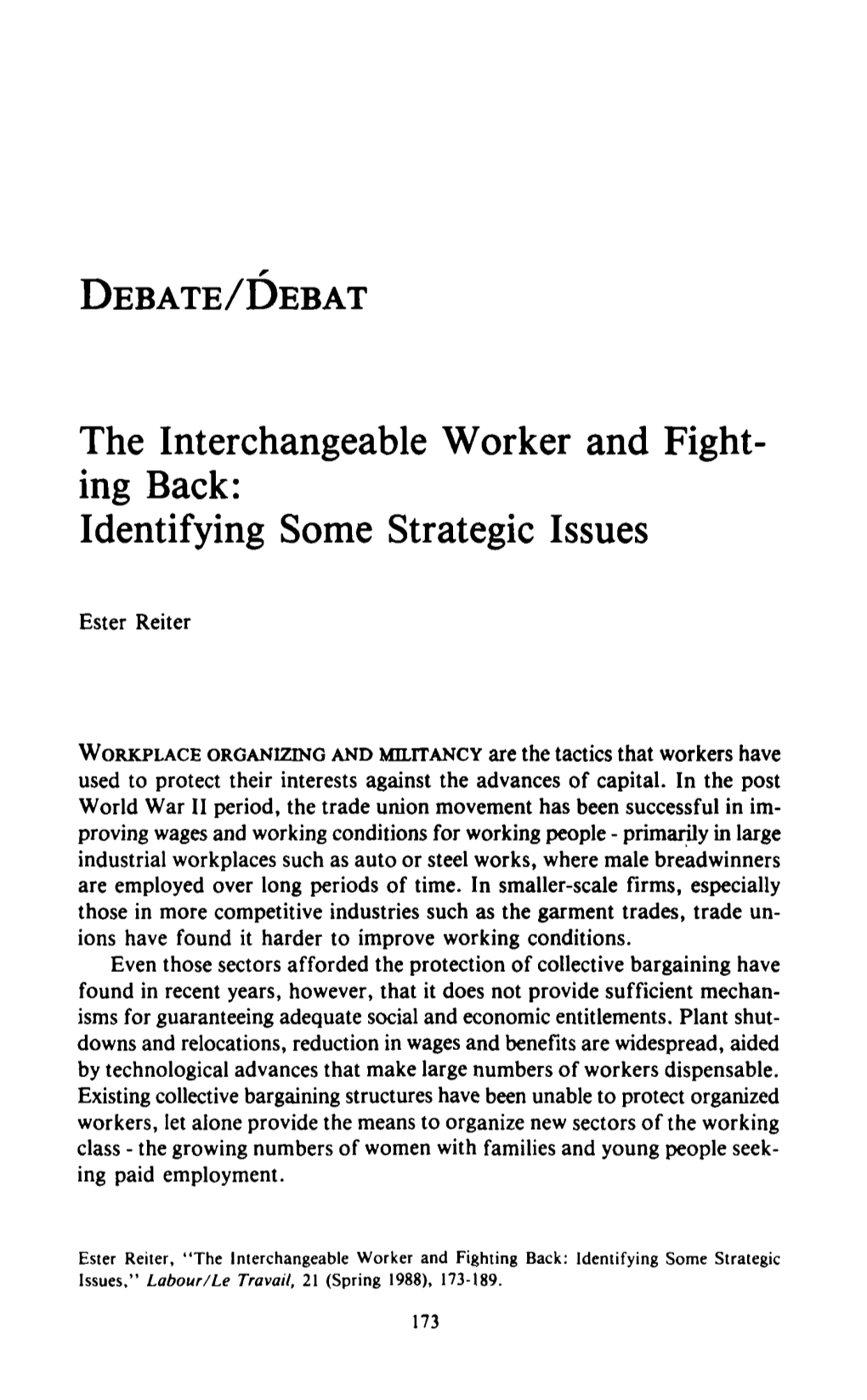 The Interchangeable Worker and Fight­ Ing Back: Identifying Some Strategic Issues