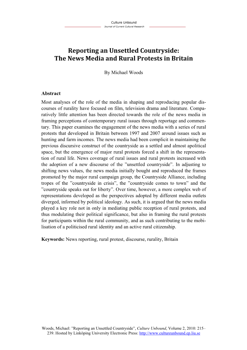Reporting an Unsettled Countryside: the News Media and Rural Protests in Britain