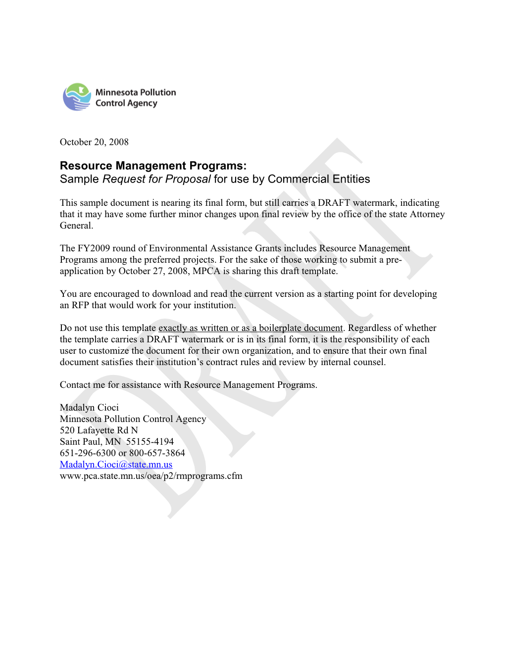 Resource Management Programs: Sample Request for Proposal for Use by Commercial Entities