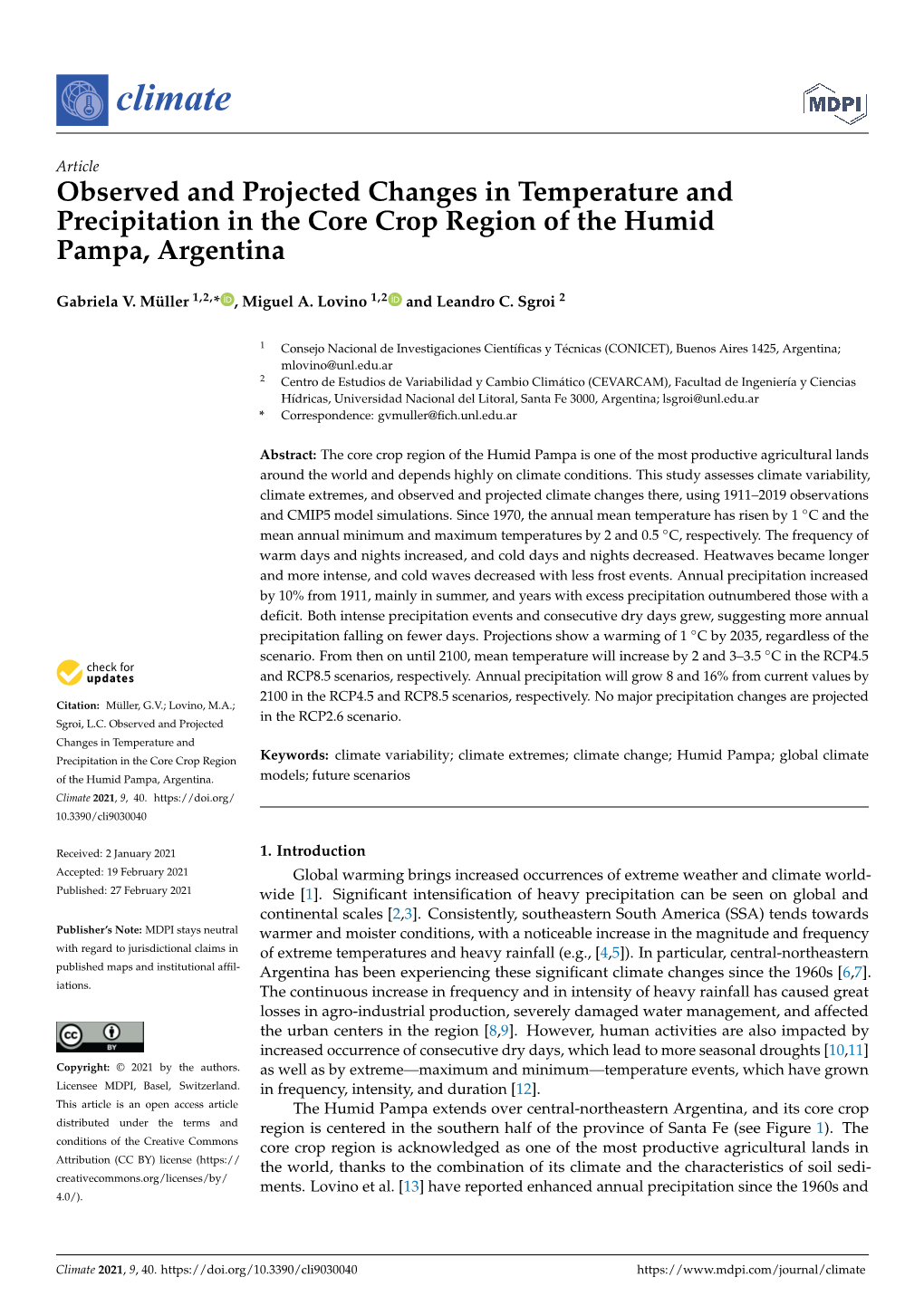 Observed and Projected Changes in Temperature and Precipitation in the Core Crop Region of the Humid Pampa, Argentina